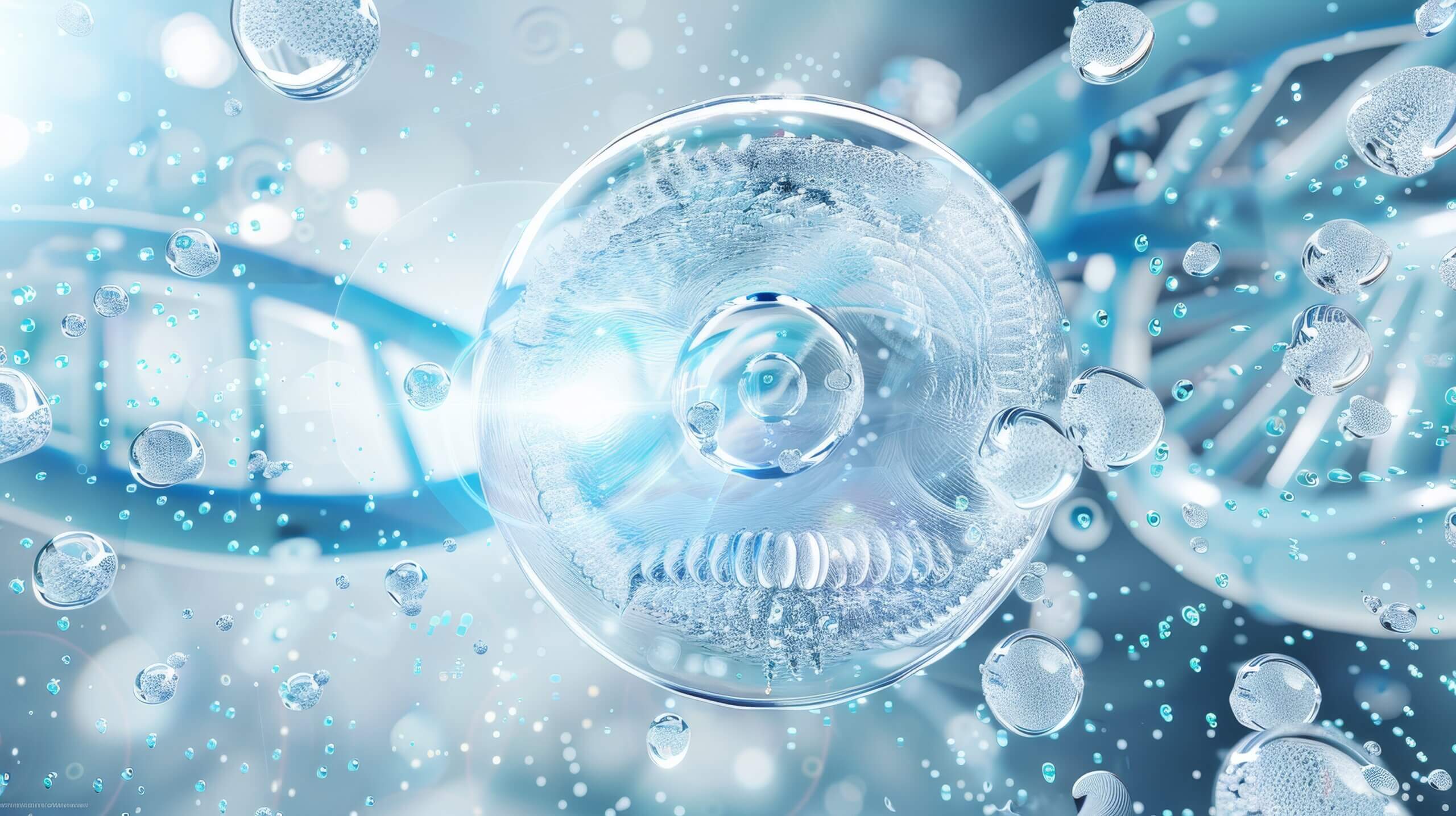 An Abstract Representation of DNA and Various Cellular Structures in a Beautiful Blue Ice Environment