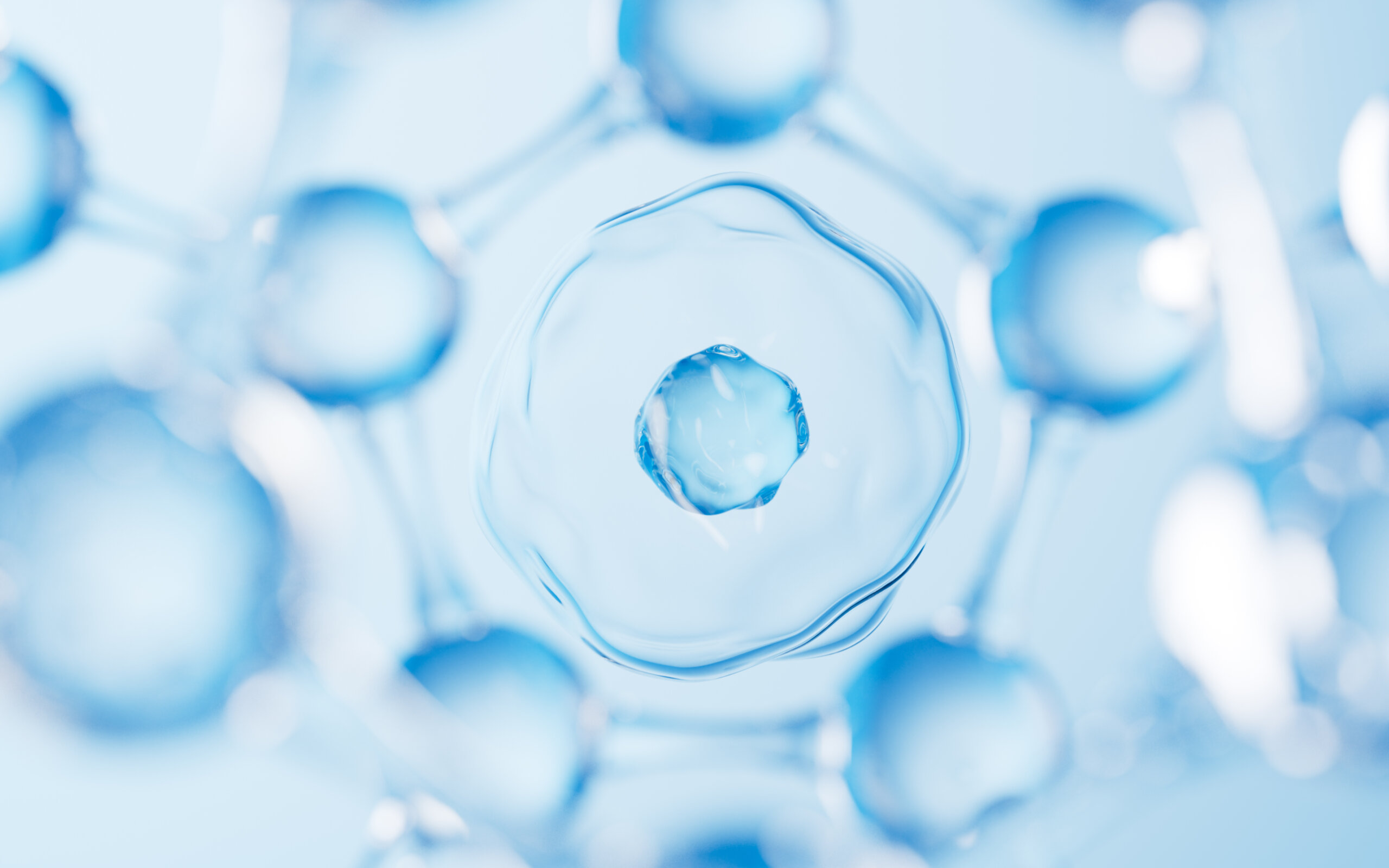 Floating molecular structure and cells in the blue background, 3d rendering.